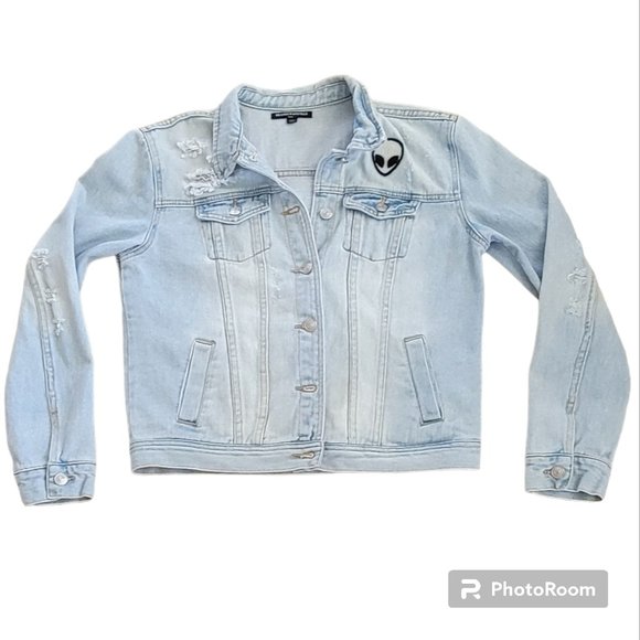 Brandy Melville Denim Jacket Alien Head Patch Distressed Trucker Size Large - Picture 6 of 13